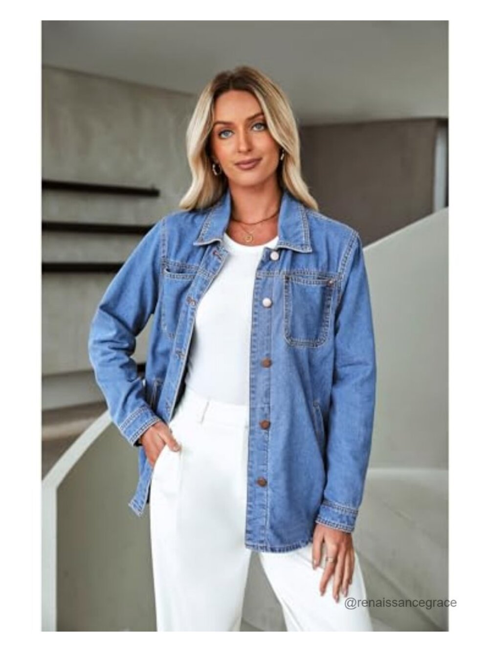 Denim Jacket Long Sleeve Button Down Shacket with Pockets - Picture 2 of 6
